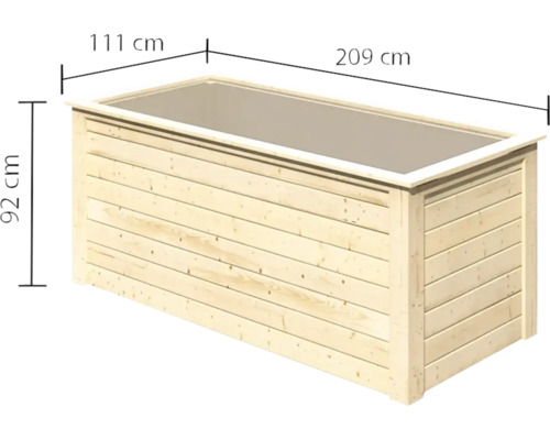Abbildung eines Pflanzkastens aus Holz mit den Maßen 209 cm Länge, 111 cm Breite und 92 cm Höhe.