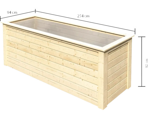 Holzpflanzkasten mit den Maßen 254 mal 94 mal 92 Zentimeter