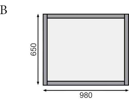 Abbildung einer Rahmenkonstruktion mit den Maßen 650 mal 980 Millimeter.