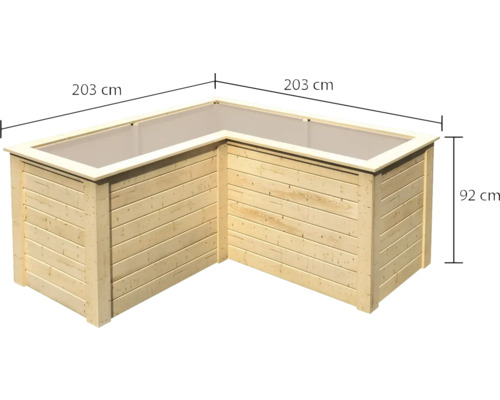 Hochbeet aus Holz mit den Maßen 203 mal 203 mal 92 Zentimeter
