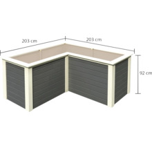 Eck-Hochbeet mit den Maßen 203 mal 203 mal 92 Zentimeter.