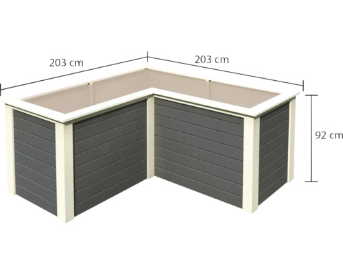 Eck-Hochbeet mit den Maßen 203 mal 203 mal 92 Zentimeter.
