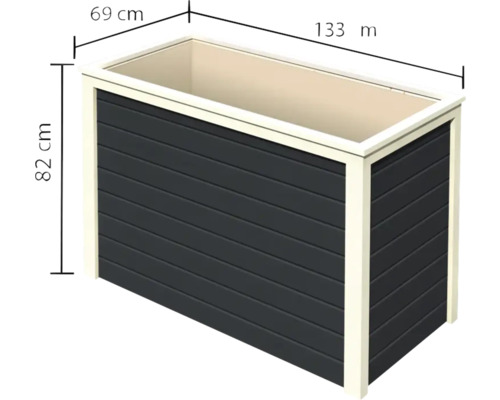 Rechteckiger Pflanzkasten mit den Maßen 133 Meter Länge, 69 Zentimeter Breite und 82 Zentimeter Höhe.