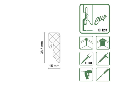 Clip CH23 mit Maßangaben 38,5 mm und 15 mm, sowie Verarbeitungshinweise