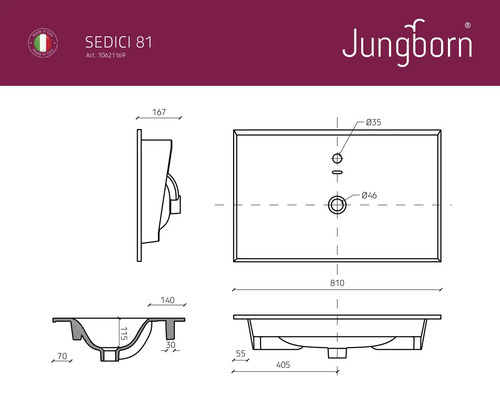 Technische Zeichnung eines Jungborn Waschtischs mit Maßen