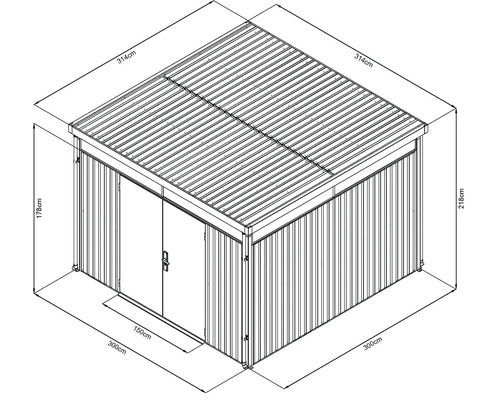 Abbildung eines Gartenhauses mit Maßangaben