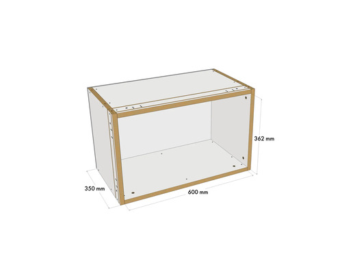 Illustration eines offenen Schranks mit den Maßen 600 mm Breite, 362 mm Höhe und 350 mm Tiefe
