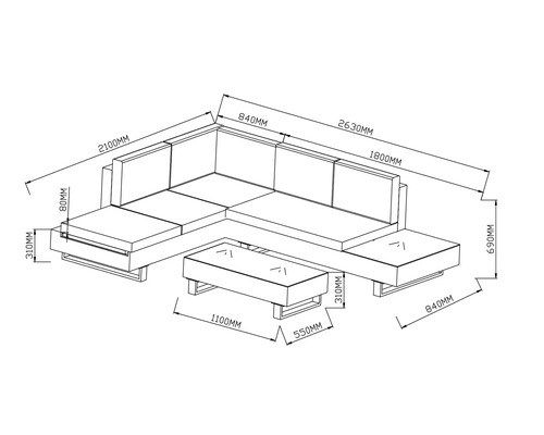 Dimensionszeichnung einer Loungegruppe mit Sofa und Tisch