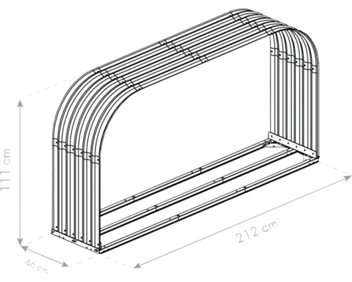 Abbildung des Aufbaus eines Folientunnels mit den Maßen 212 cm Länge, 46 cm Breite und 111 cm Höhe.