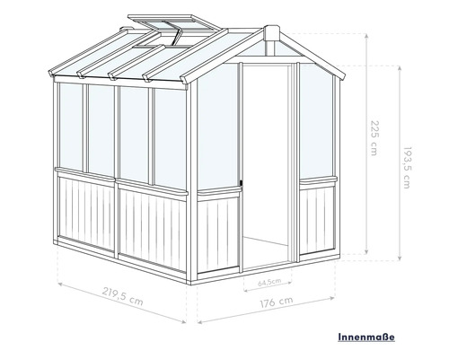 Skizze eines Gewächshauses mit Maßangaben