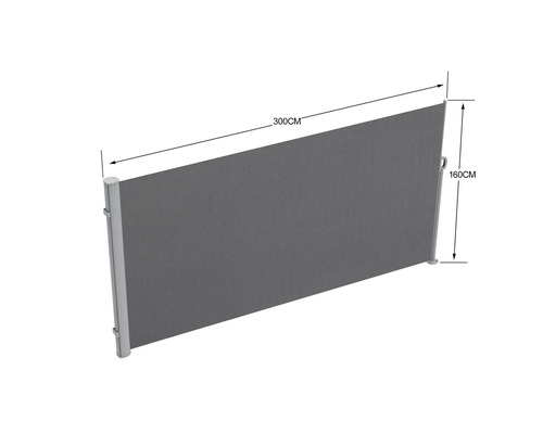 Ausziehbare Seitenmarkise mit einer Länge von 300 cm und einer Höhe von 160 cm.
