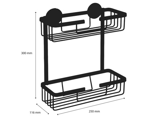 Doppelter Duschkorb mit Saugnäpfen und Abmessungen