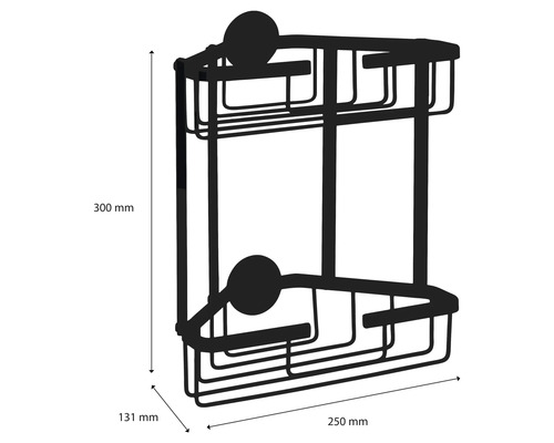 Eckregal mit zwei Ablagen und Maßangaben