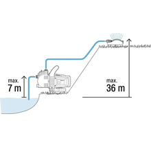 Illustration einer Gartenpumpe mit maximaler Ansaughöhe von 7 Metern und maximaler Förderhöhe von 36 Metern