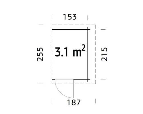 Grundriss mit Maßangaben zu einem Gartenhaus, Fläche 3.1 Quadratmeter