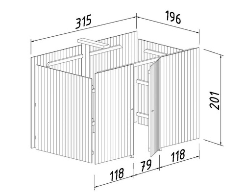 Technische Zeichnung eines Gartenhauses mit Maßangaben