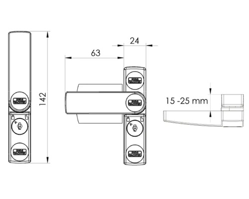 Technische Zeichnung eines Fenstergriffs mit Maßangaben