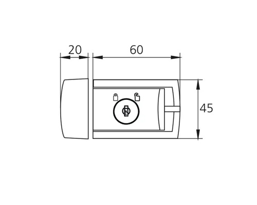 Technische Zeichnung eines Türschlosses mit den Maßen 20, 60 und 45 Millimeter.