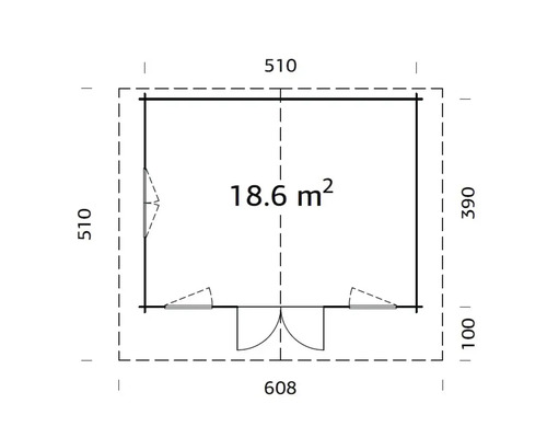 Grundriss eines Gartenhauses mit den Maßen 608 mal 510 Zentimeter und einer Fläche von 18,6 Quadratmetern.