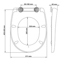 Technische Zeichnung eines Toilettendeckels mit Bemaßungen.