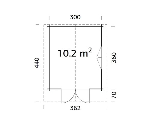 Grundriss eines Gartenhauses mit den Maßen 300 x 440 x 360 Zentimeter und einer Fläche von 10.2 Quadratmetern