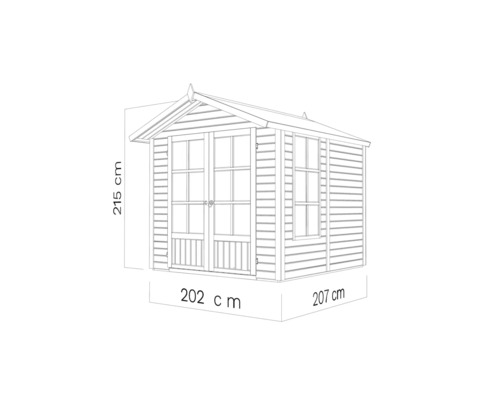 Skizze eines Gartenhauses mit Größenangaben 215 cm Höhe, 202 cm und 207 cm Breite