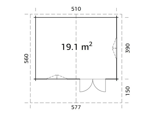 Grundrisszeichnung eines Gartenhauses mit Tür, Fenster und den Maßen 510 mal 577 Zentimeter sowie einer Fläche von 19,1 Quadratmetern.