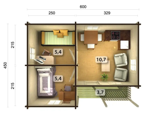 Grundriss eines Holzhauses mit Wohnzimmer, Schlafzimmer, Küche und Terrasse mit Größenangaben