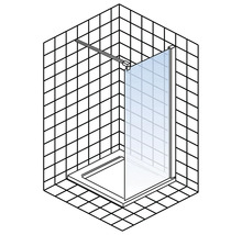 Dusche mit Duschwand, Duschbecken und Handtuchstange in einem verfliesten Badezimmer.