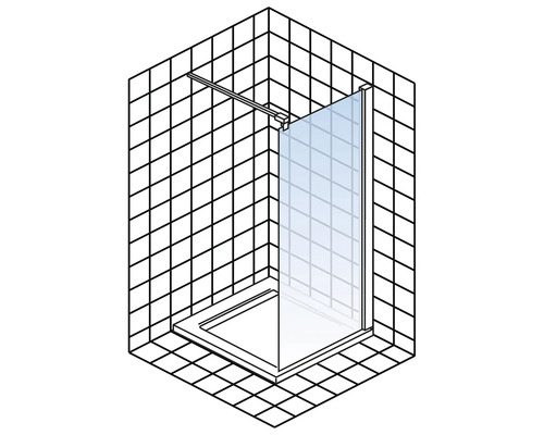 Dusche mit Duschwand, Duschbecken und Handtuchstange in einem verfliesten Badezimmer.