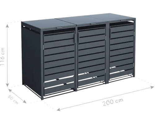 Mülltonnenbox für drei Mülltonnen mit den Maßen 200 cm x 80 cm x 116 cm