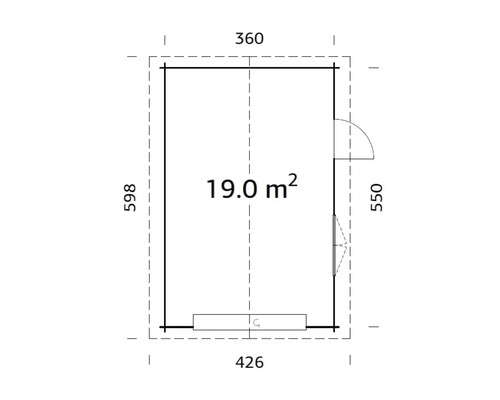 Grundrisszeichnung eines Gartenhauses mit den Maßen 360 mal 598 Zentimeter und einer Fläche von 19 Quadratmetern.
