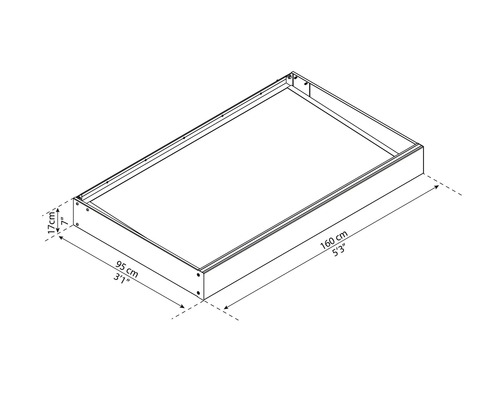 Abmessungen eines Bettgestells: 160 cm Länge, 95 cm Breite, 17 cm Höhe.