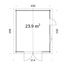 Grundrisszeichnung eines Gartenhauses mit den Maßen 450 mal 598 Zentimeter und einer Fläche von 23,9 Quadratmetern.