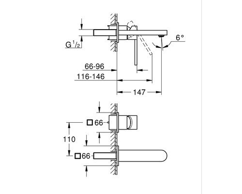 Maßzeichnung einer Armatur mit den dazugehörigen Maßen in Millimeter