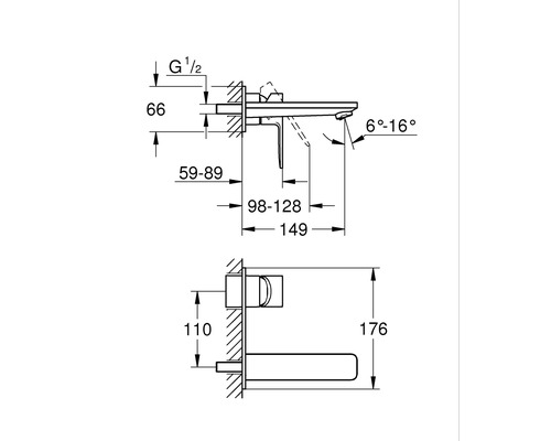 Maßzeichnung einer Waschtischarmatur zur Wandmontage mit Maßangaben