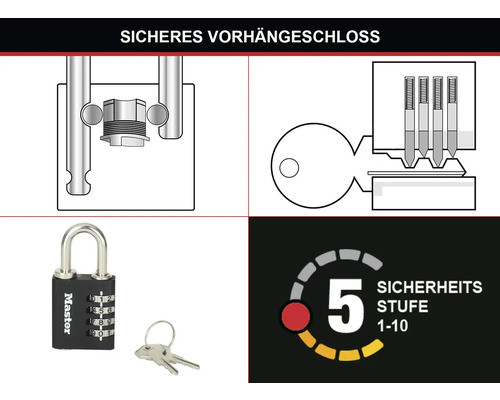 Abbildung eines Vorhängeschlosses mit Zahlenkombination und Schlüssel