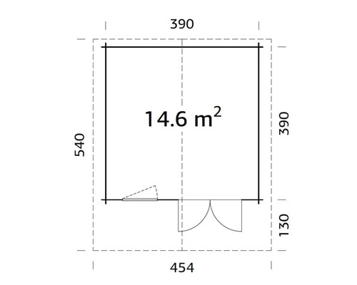 Grundriss eines Gartenhauses mit Tür und Fenster, Fläche 14.6 Quadratmeter, Maße 454 x 540 Zentimeter