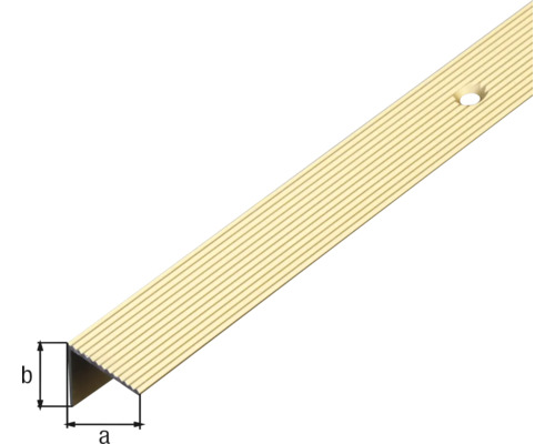 Treppenkantenprofil aus Metall mit geriffelter Oberfläche und Befestigungsloch