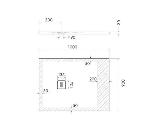 Technische Zeichnung einer Duschwanne mit Maßangaben
