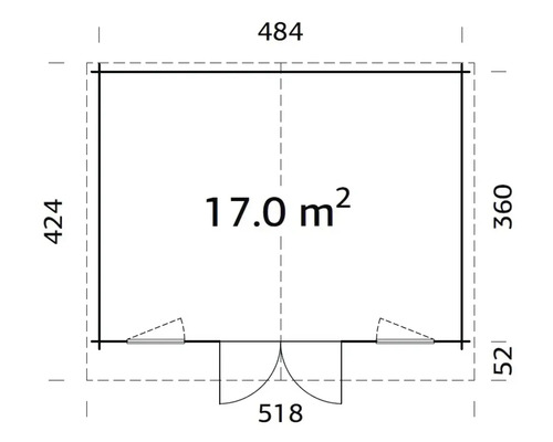 Grundrisszeichnung mit Maßangaben: 17 Quadratmeter Fläche