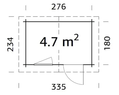 Grundriss eines Gartenhauses mit Tür, Fenster und den Maßen 276 mal 234 Zentimeter
