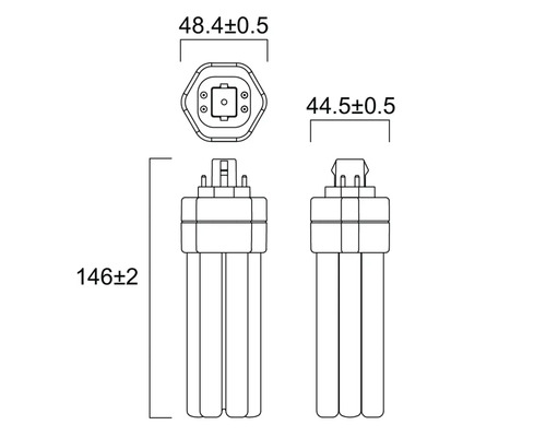 Technische Zeichnung einer Kompaktleuchtstofflampe mit Maßangaben