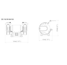 Technische Zeichnung einer Schleifmaschine DS 150 M mit Maßangaben.