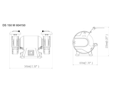 Technische Zeichnung einer Schleifmaschine DS 150 M mit Maßangaben.
