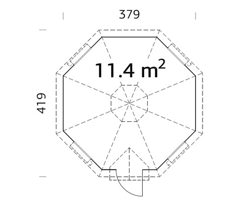 Grundriss eines Gartenhauses mit den Maßen 379 mal 419 Zentimeter und einer Fläche von 11,4 Quadratmetern