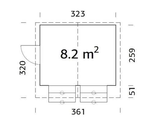 Grundrisszeichnung eines Gartenhauses mit Maßen und Flächenangabe.
