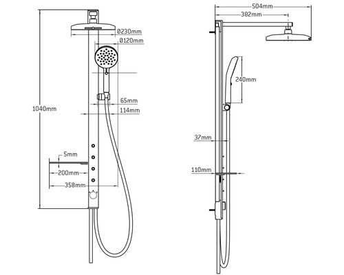 Technische Zeichnung einer Duschsäule mit Maßangaben