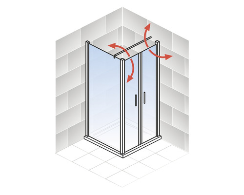 Eckdusche mit zwei Türen und Pfeilen, die die flexiblen Installationsmöglichkeiten darstellen