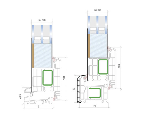 Illustration von zwei Fensterprofilen mit Maßangaben